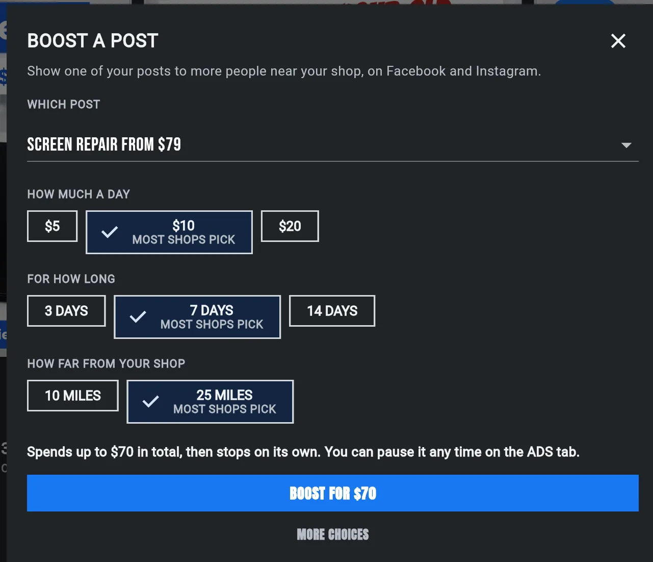 Boost a Post: $5, $10 or $20 a day, 3, 7 or 14 days, 10 or 25 miles from the shop