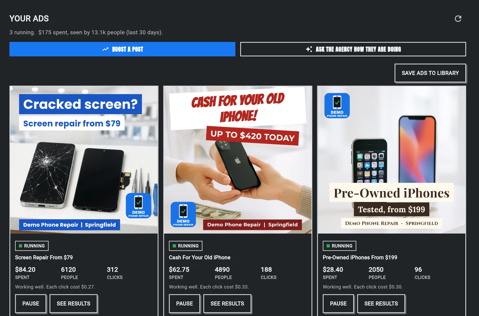 The ADS tab of Ad STACK: running Facebook and Instagram ads with spend, people reached, clicks, pause and see results