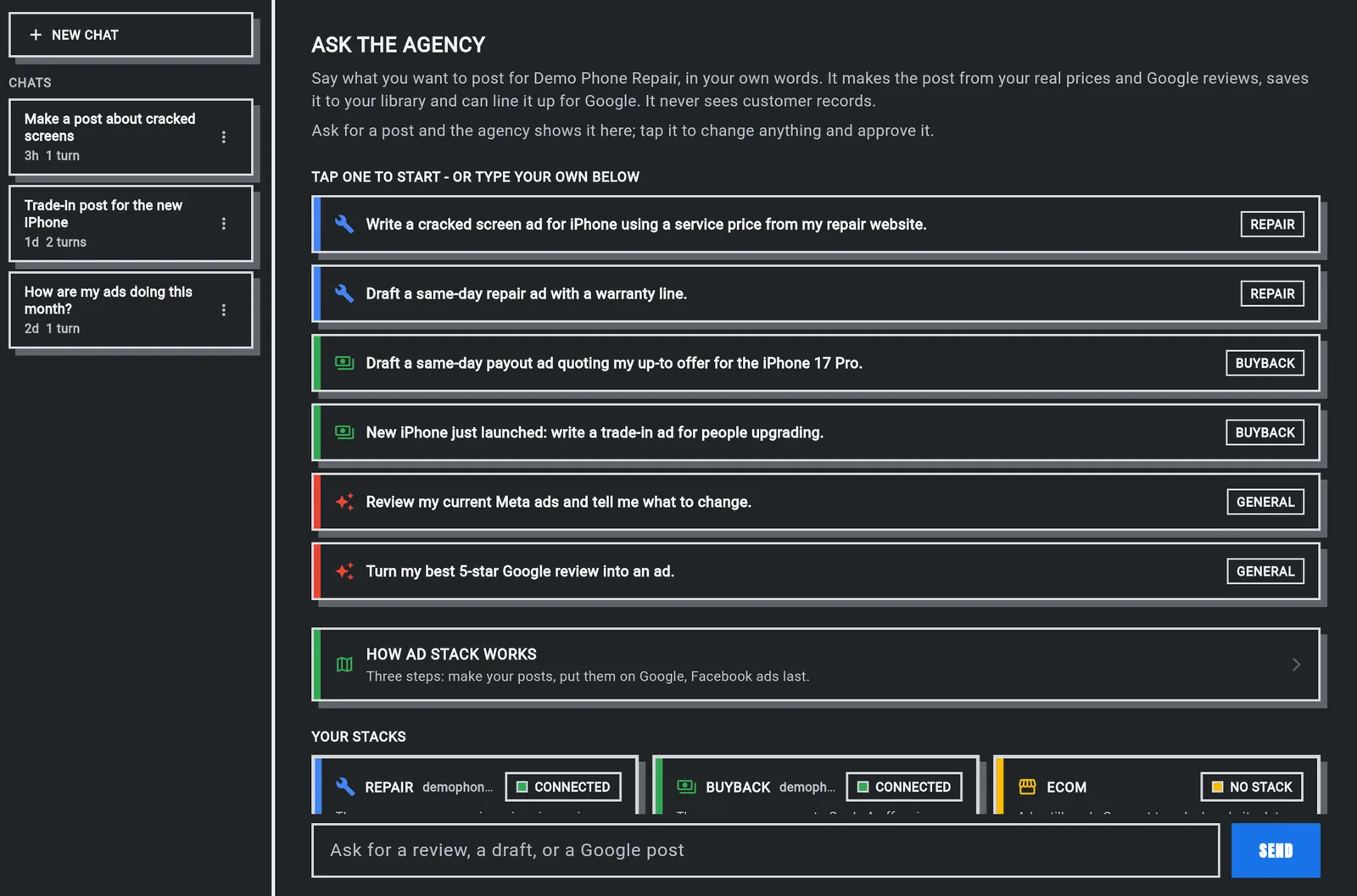 The AGENCY tab of Ad STACK: ask for a post in plain words or tap a starter for repair, buyback or ecom