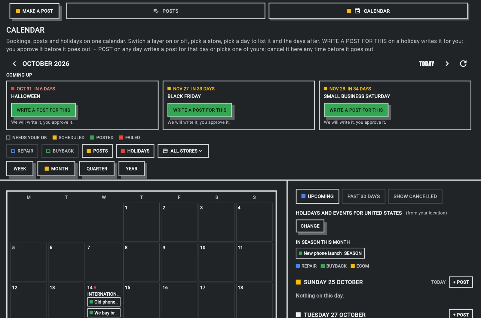 The Ad STACK calendar: scheduled Google and Facebook posts, holidays and events, and posts waiting for the owner to approve