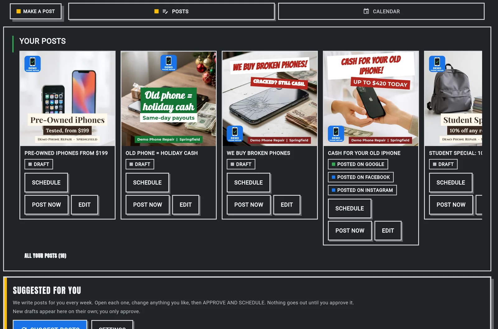 The POSTS tab of Ad STACK in the STACKS app, with repair, buyback and resale posts ready to schedule or post now
