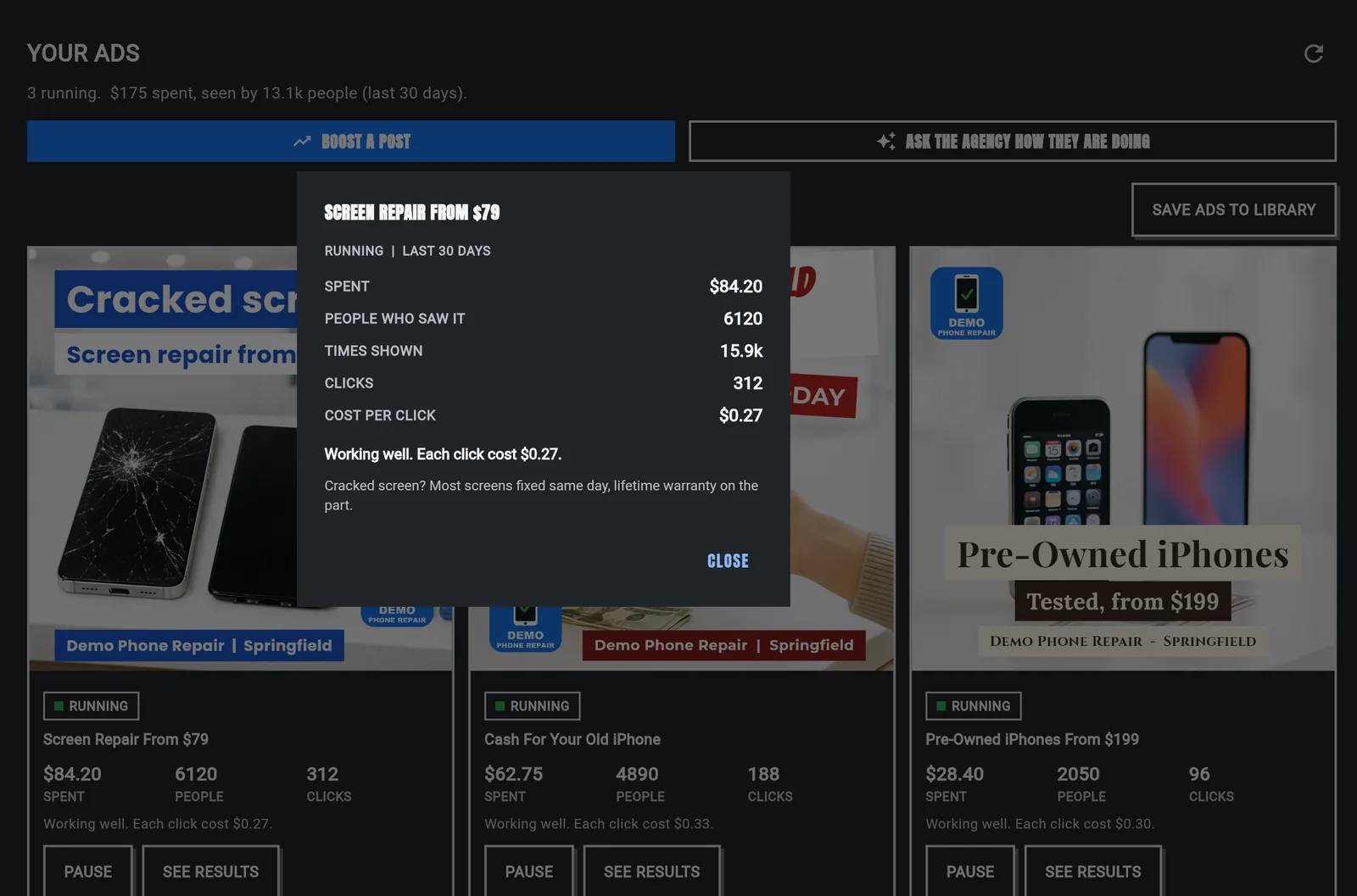 See Results for one ad in Ad STACK: spent, people who saw it, times shown, clicks, cost per click and a plain English verdict