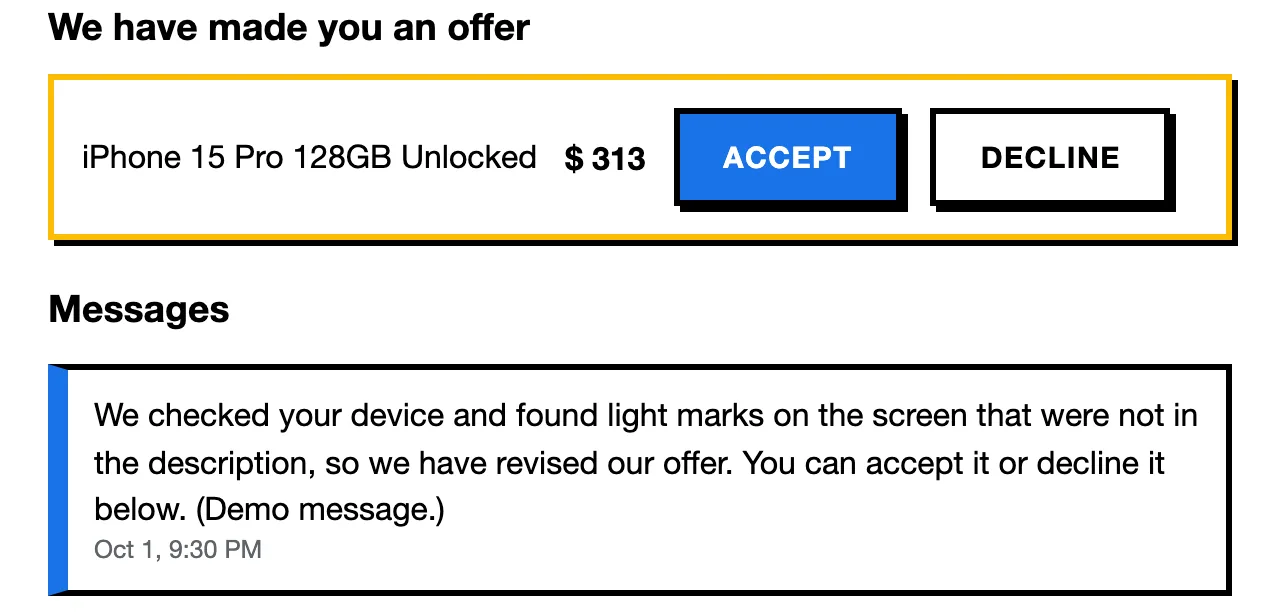 A revised offer of $313 with Accept and Decline buttons, and the shop's message explaining the light marks it found on the screen