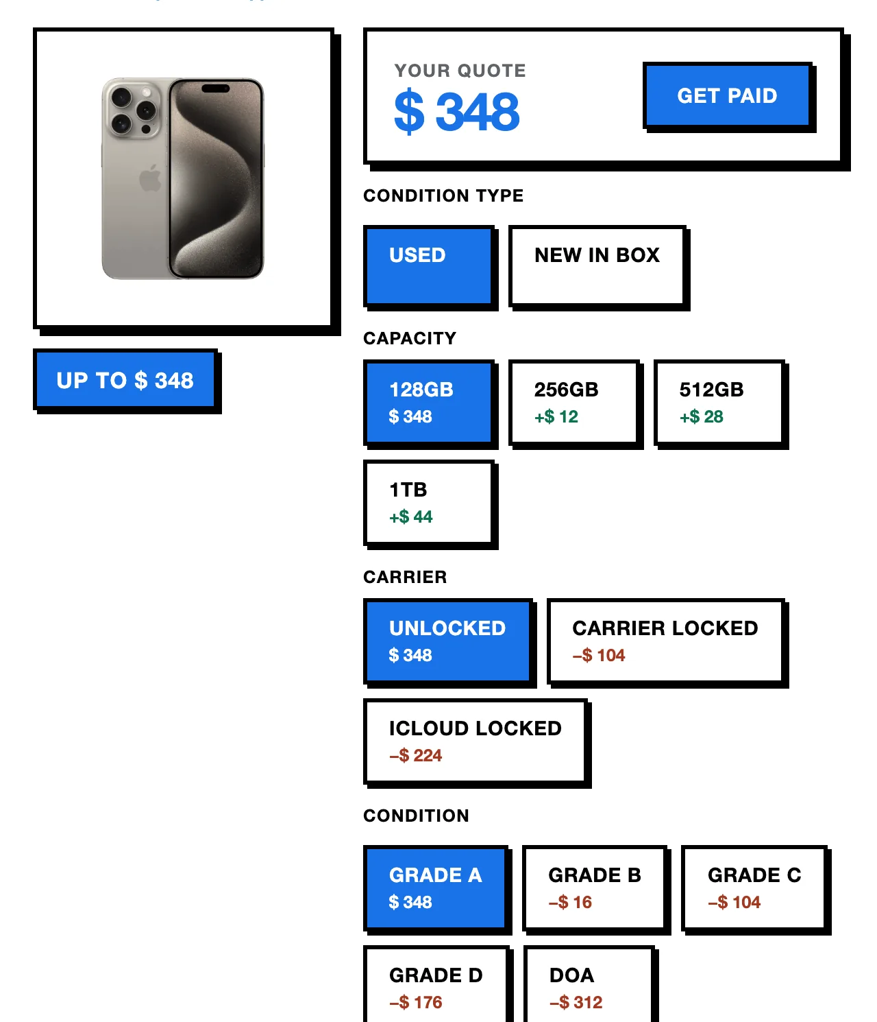 A $348 quote with price changes for capacity, carrier and condition grade