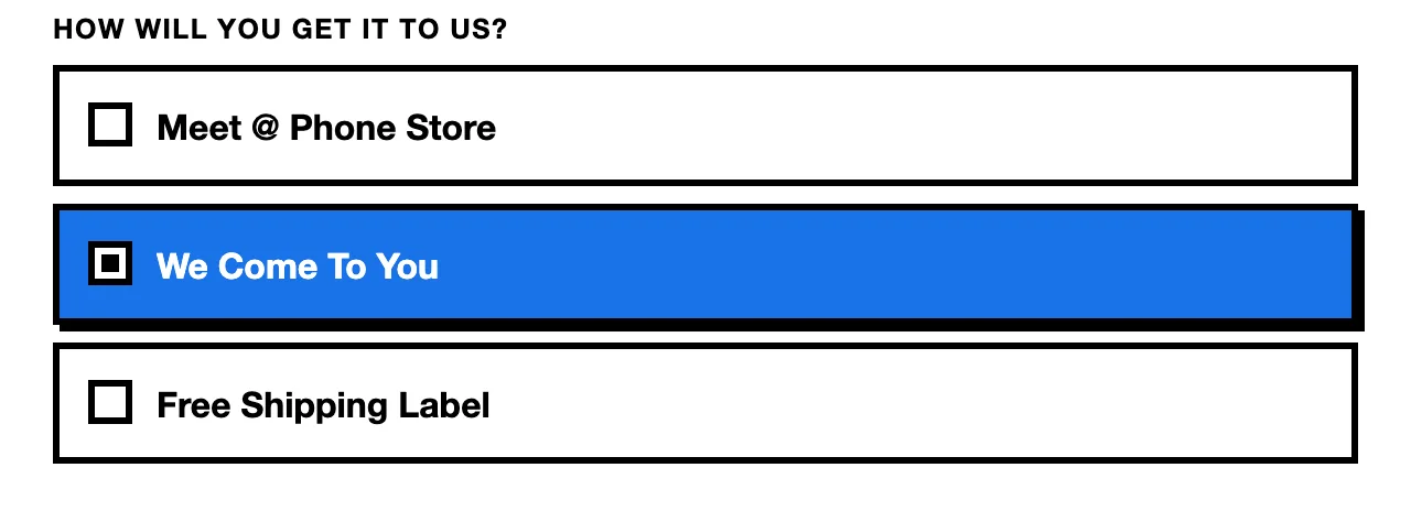The widget checkout asking "How will you get it to us?" with Meet at Phone Store, We Come To You, and Free Shipping Label