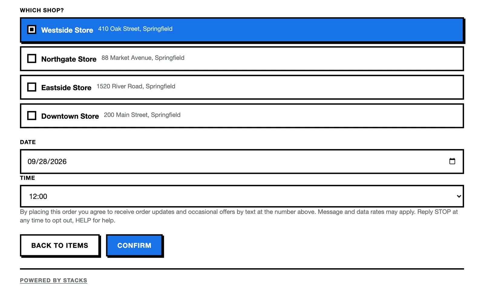 The STACKS Buyback Widget booking a drop-off appointment inside a merchant's page