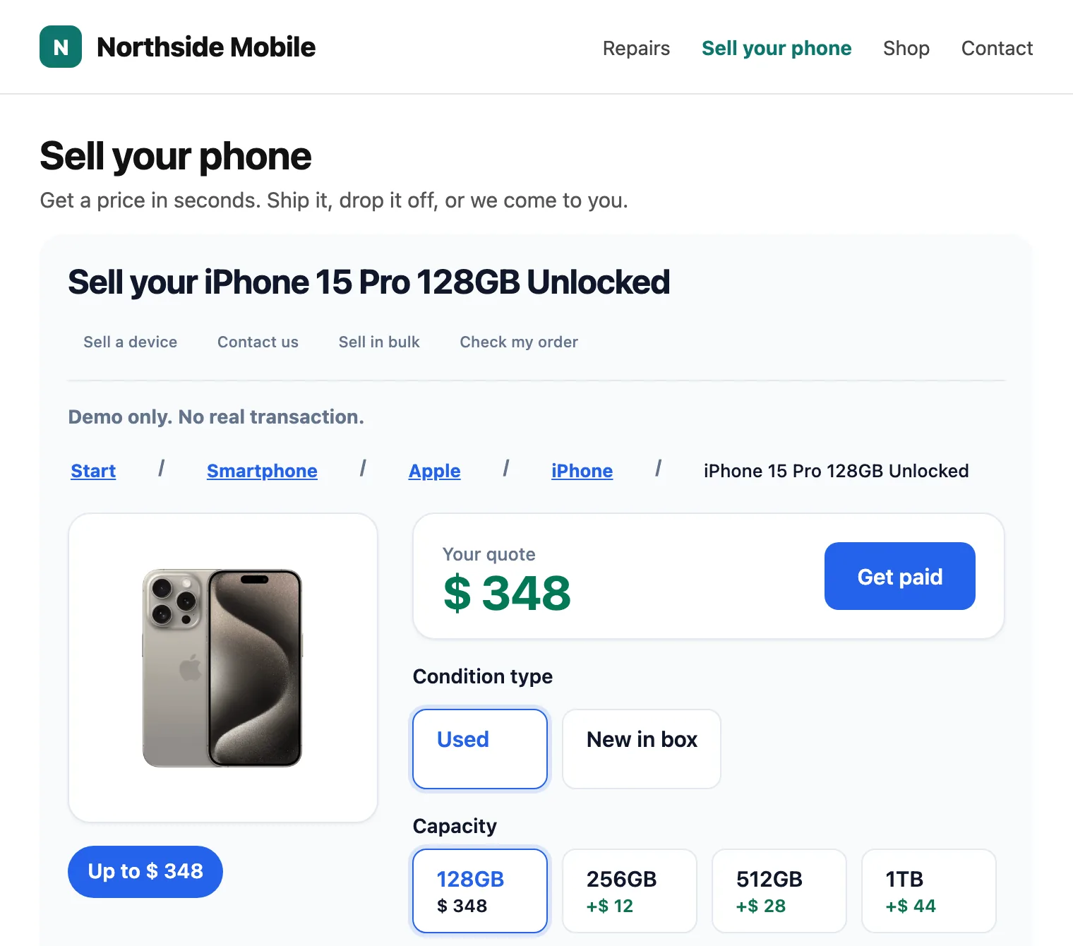 An example phone shop website with the Buyback Widget on its Sell your phone page, showing a $348 quote for an iPhone 15 Pro and a Get paid button