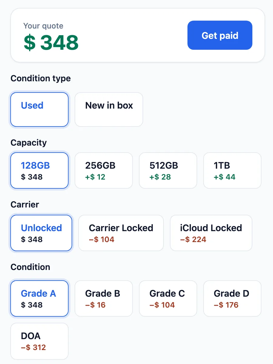 A $348 quote with price changes for capacity, carrier and condition grade