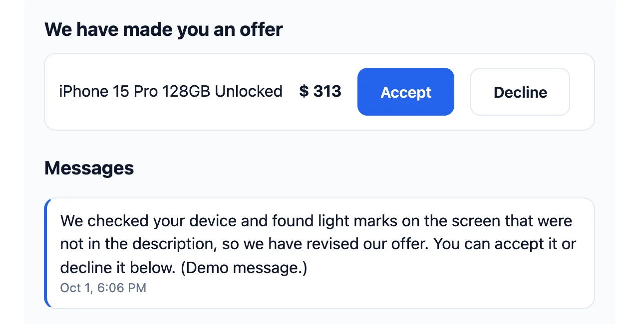 A revised offer of $313 with Accept and Decline buttons, and the shop's message explaining the light marks it found on the screen